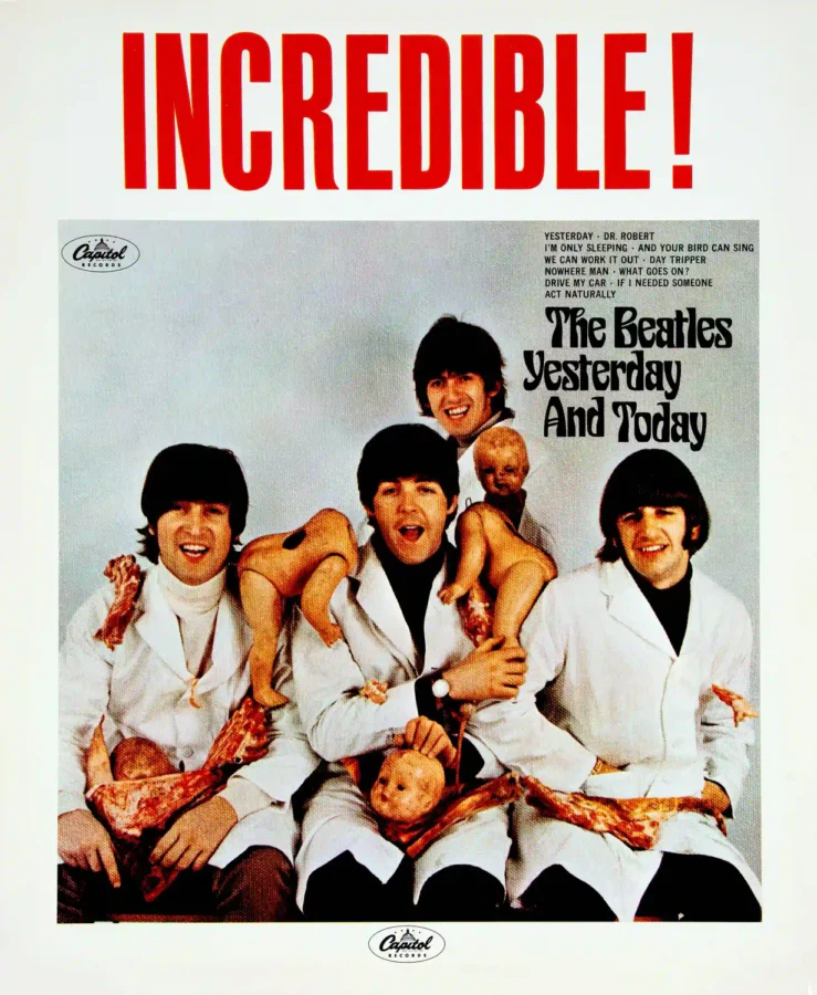 The Beatles 1966 Yesterday & Today Butcher Cover Promo Poster featuring light gray, white, and black vertical artwork.