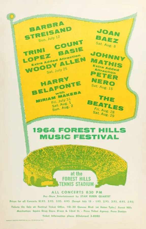 The Beatles Forest Hills Music Festival Concert Poster featuring light gray, yellow, and green vertical artwork.