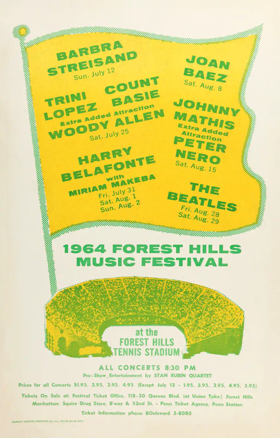 The Beatles Forest Hills Music Festival Concert Poster featuring light gray, yellow, and green vertical artwork.