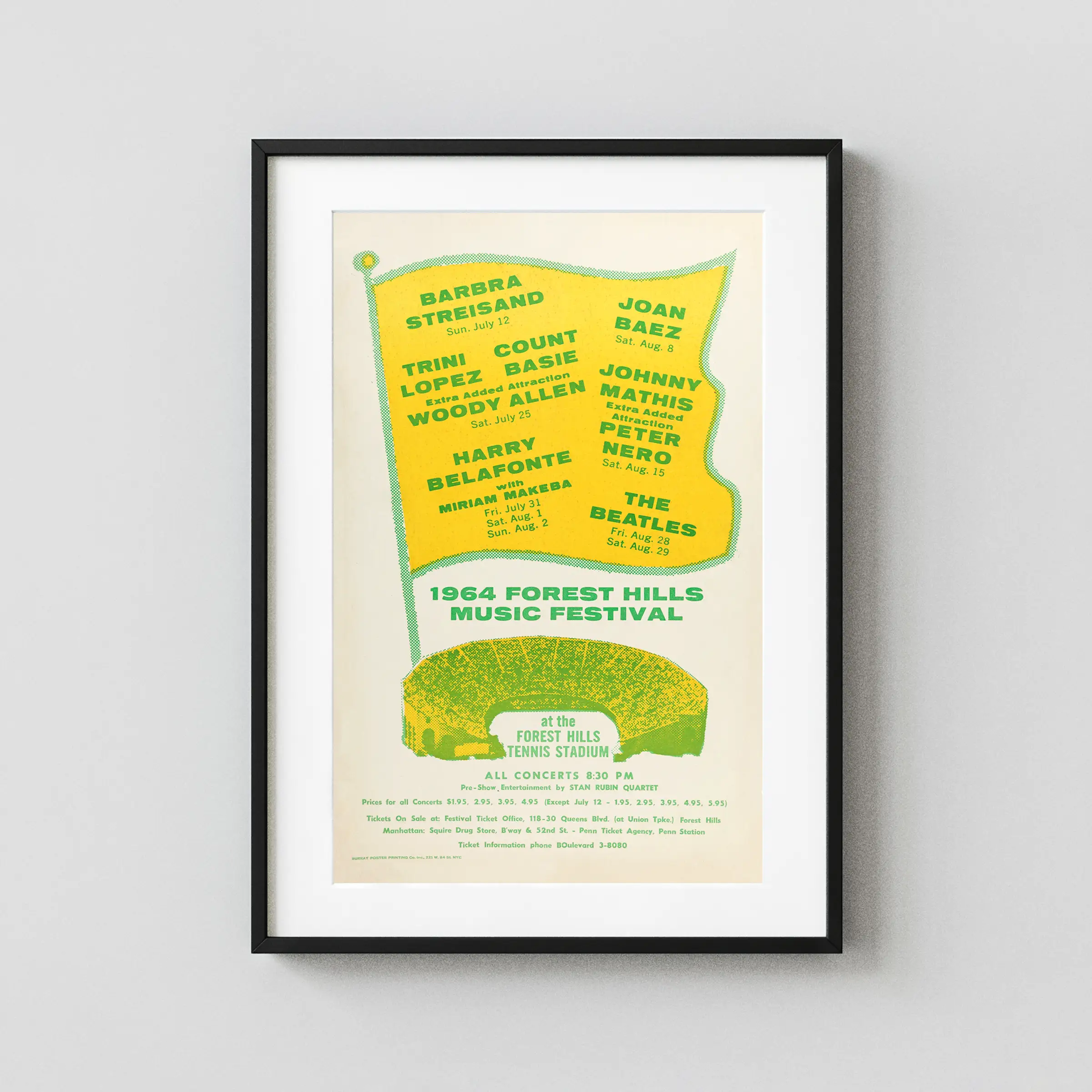 The Beatles Forest Hills Music Festival Concert Poster featuring light gray, yellow, and green vertical artwork.