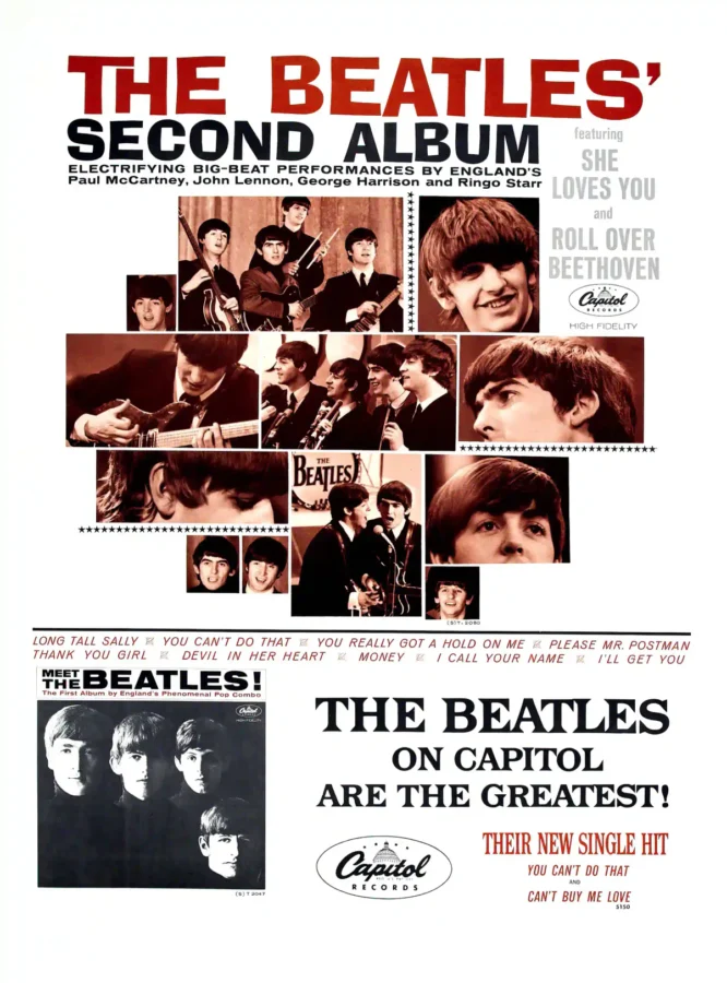 The Beatles Second Album Promotional Poster (Capitol, 1964) featuring white, light gray, and charcoal vertical artwork.