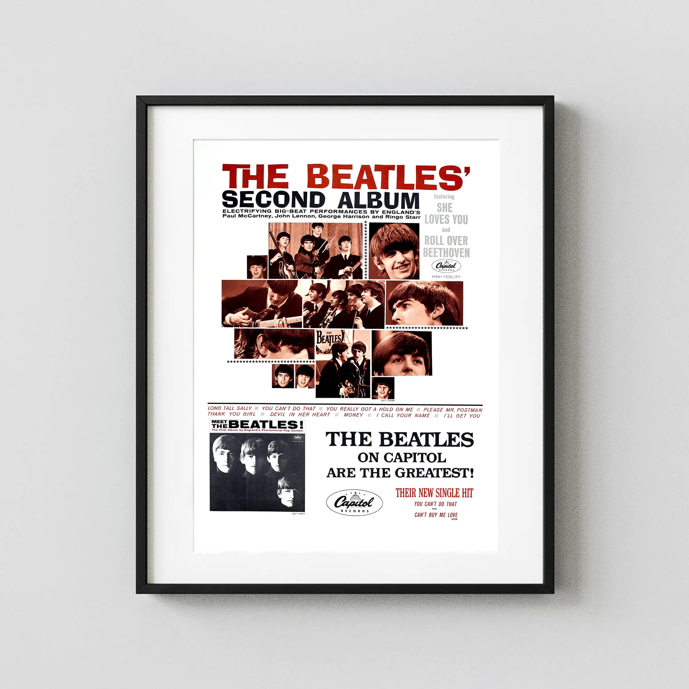 The Beatles Second Album Promotional Poster (Capitol, 1964) featuring white, light gray, and charcoal vertical artwork.