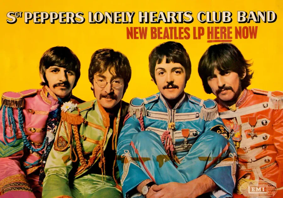 The Beatles Sgt. Pepper's Lonely Hearts Club poster with white, yellow, and light gray artwork and period lettering.