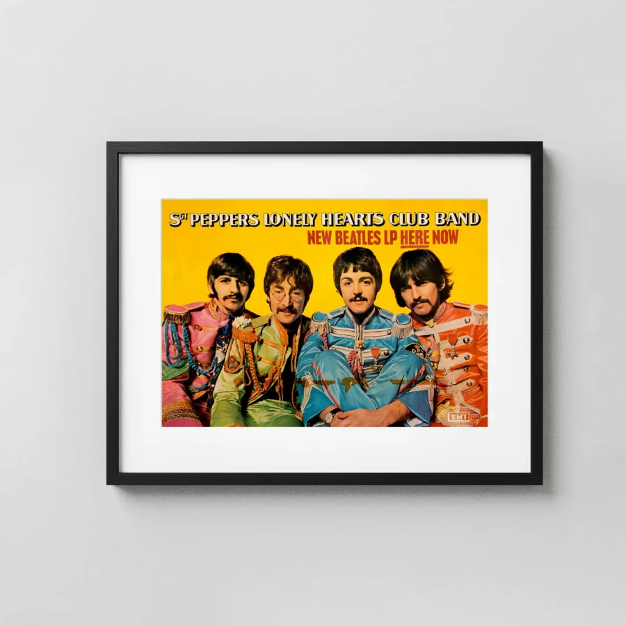 The Beatles Sgt. Pepper's Lonely Hearts Club poster with white, yellow, and light gray artwork and period lettering.