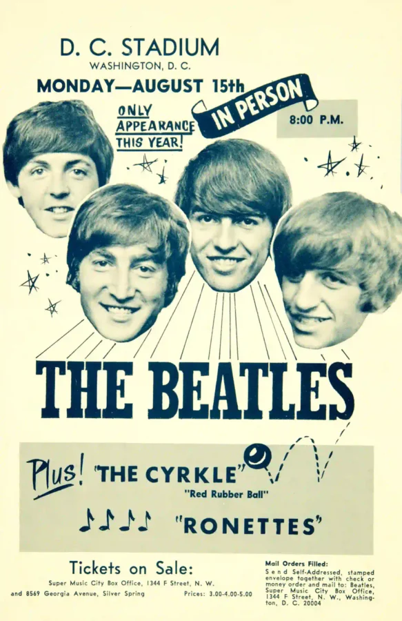The Beatles, the Ronettes 1966 Washington D.C. Concert Music Poster featuring cream, yellow, and teal vertical artwork.