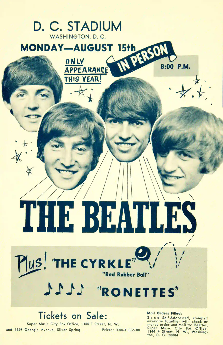 The Beatles, the Ronettes 1966 Washington D.C. Concert Music Poster featuring cream, yellow, and teal vertical artwork.
