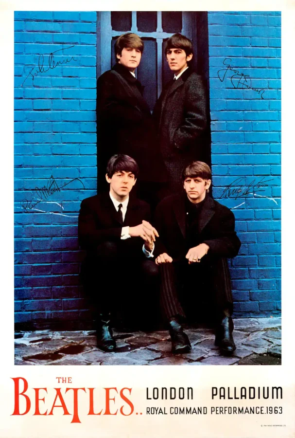 The Beatles at the London Palladium and Royal poster with white, black, and blue artwork and period lettering.