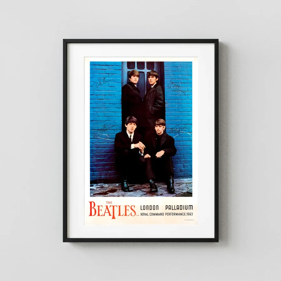 The Beatles at the London Palladium and Royal poster with white, black, and blue artwork and period lettering.
