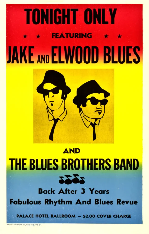 The Blues Brothers (Universal, 1980) Music Poster featuring yellow, cream, and blue vertical artwork.