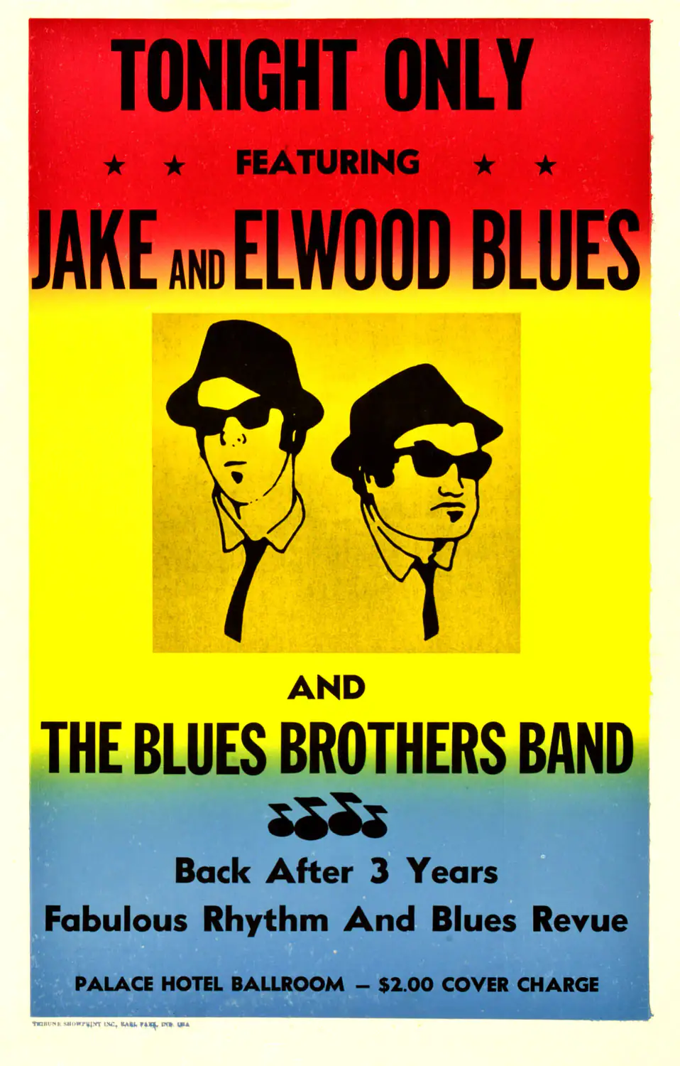 The Blues Brothers (Universal, 1980) Music Poster featuring yellow, cream, and blue vertical artwork.