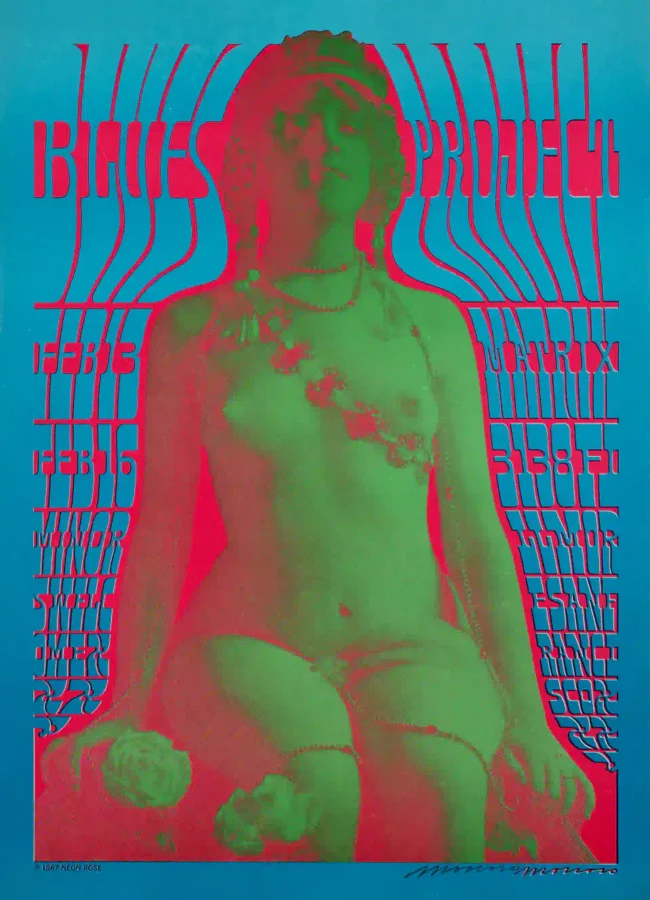 The Blues Project 1967 San Francisco Neon Rose Concert Poster featuring red, green, and blue vertical artwork.