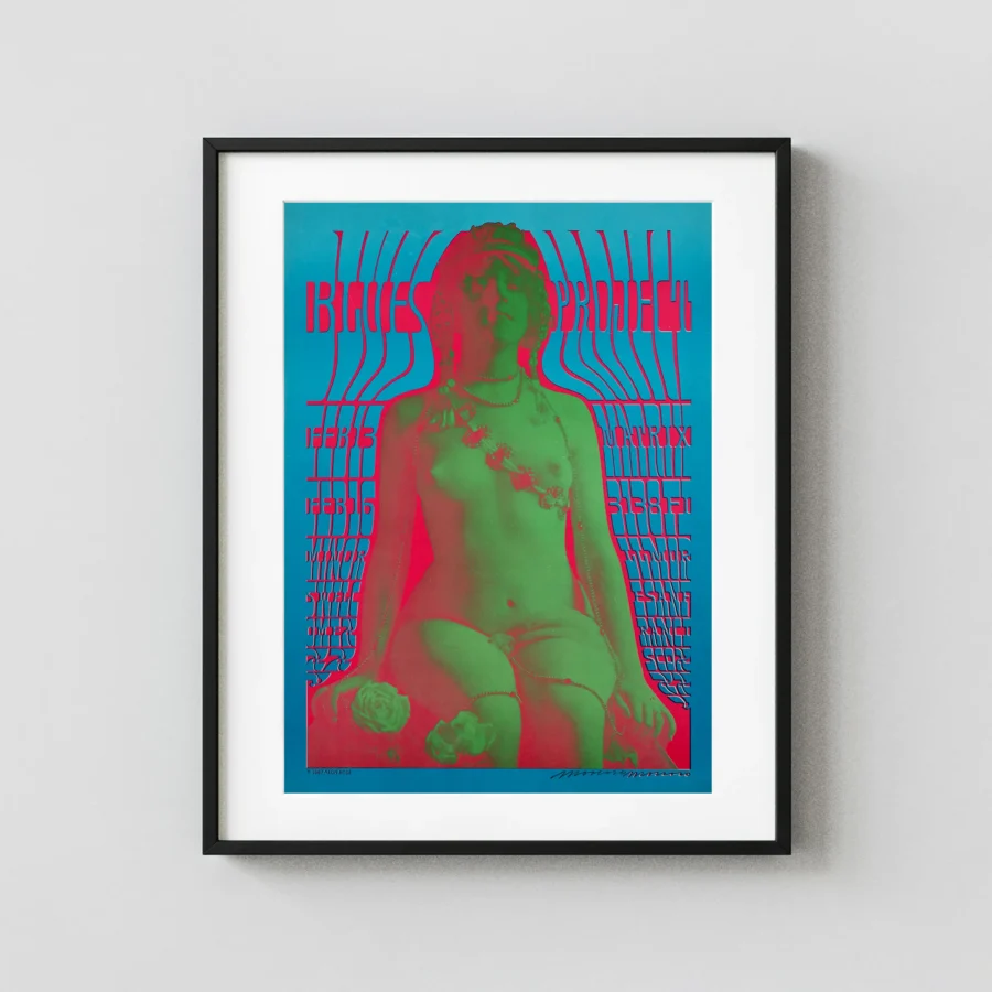 The Blues Project 1967 San Francisco Neon Rose Concert Poster featuring red, green, and blue vertical artwork.