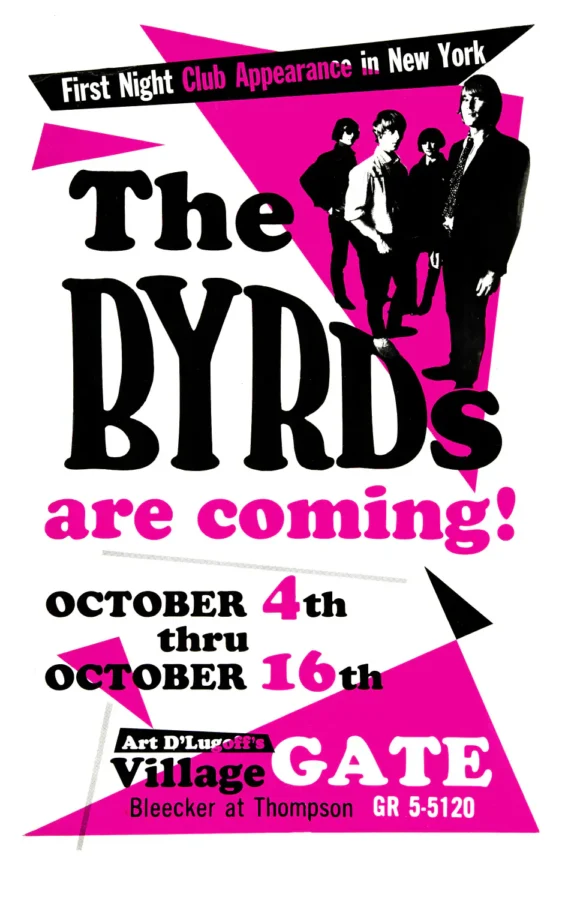 The Byrds poster with white, black, and magenta artwork and period lettering.