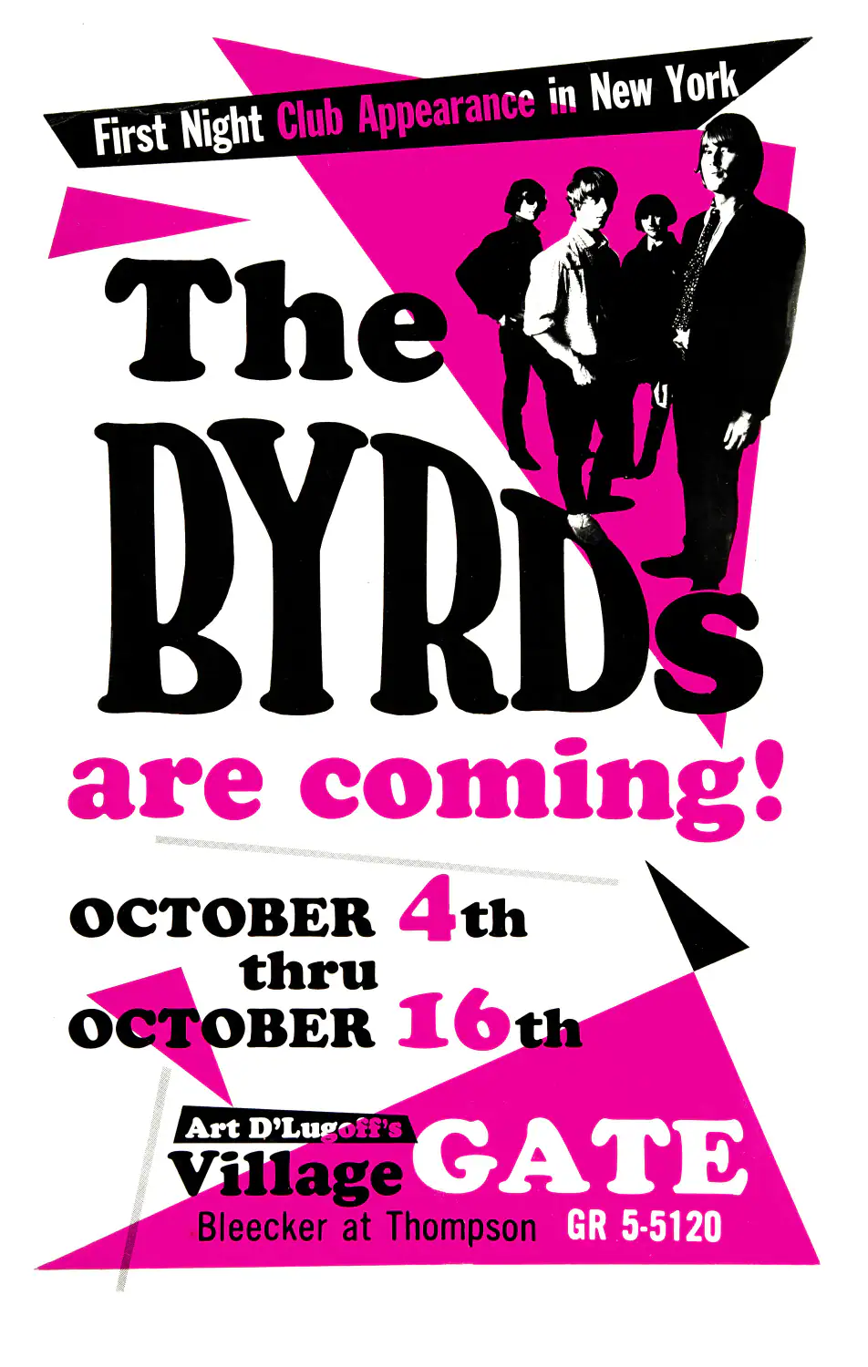 The Byrds poster with white, black, and magenta artwork and period lettering.