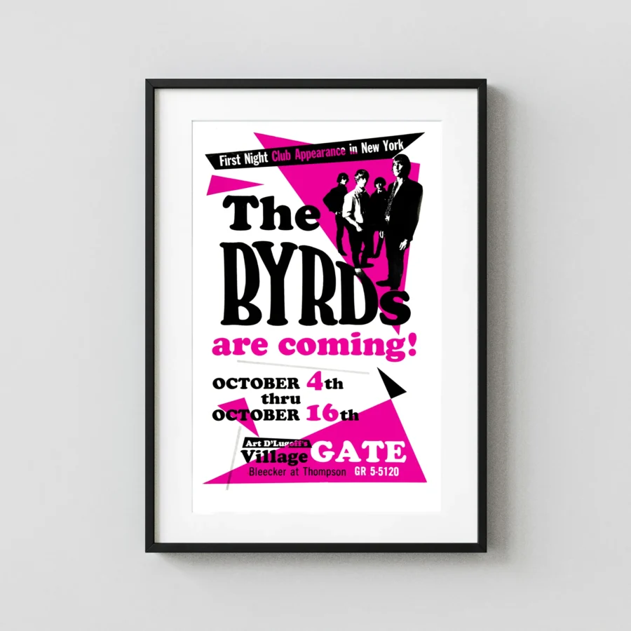 The Byrds poster with white, black, and magenta artwork and period lettering.