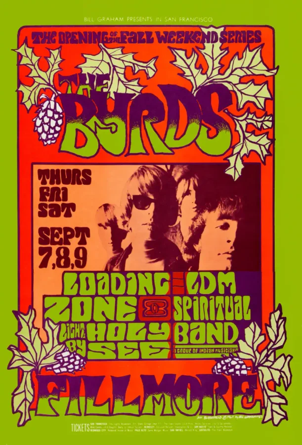 The Byrds 1967 Fillmore Auditorium Concert Poster featuring green, yellow, and magenta vertical artwork.