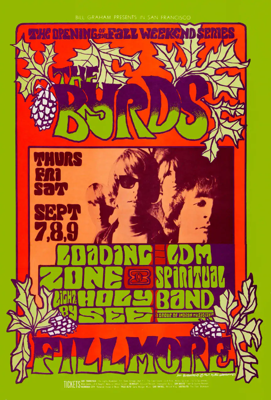 The Byrds 1967 Fillmore Auditorium Concert Poster featuring green, yellow, and magenta vertical artwork.