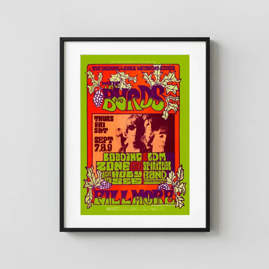 The Byrds 1967 Fillmore Auditorium Concert Poster featuring green, yellow, and magenta vertical artwork.