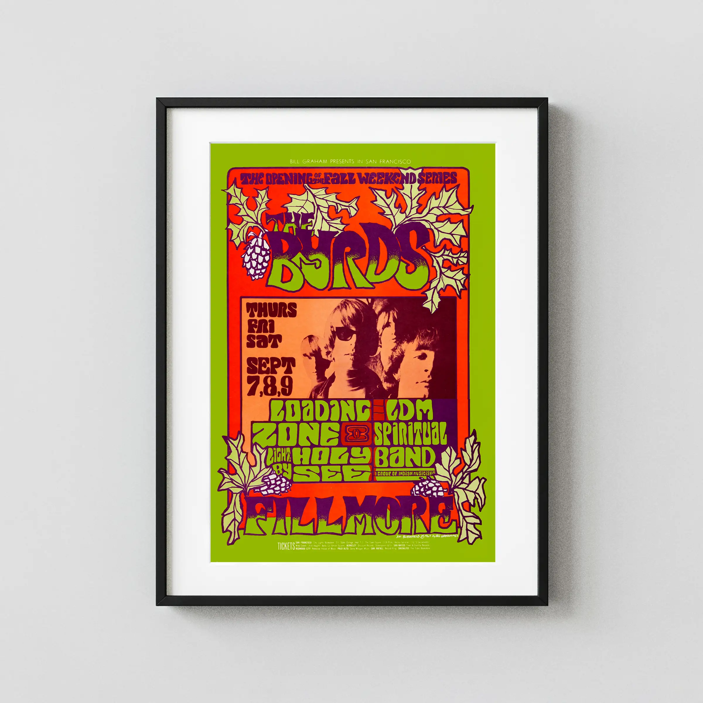 The Byrds 1967 Fillmore Auditorium Concert Poster featuring green, yellow, and magenta vertical artwork.