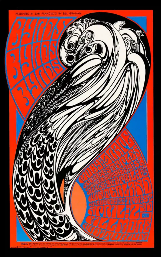 The Byrds, Moby Grape 1967 Fillmore & Winterland Concert Poster featuring black, gray, and slate gray vertical artwork.