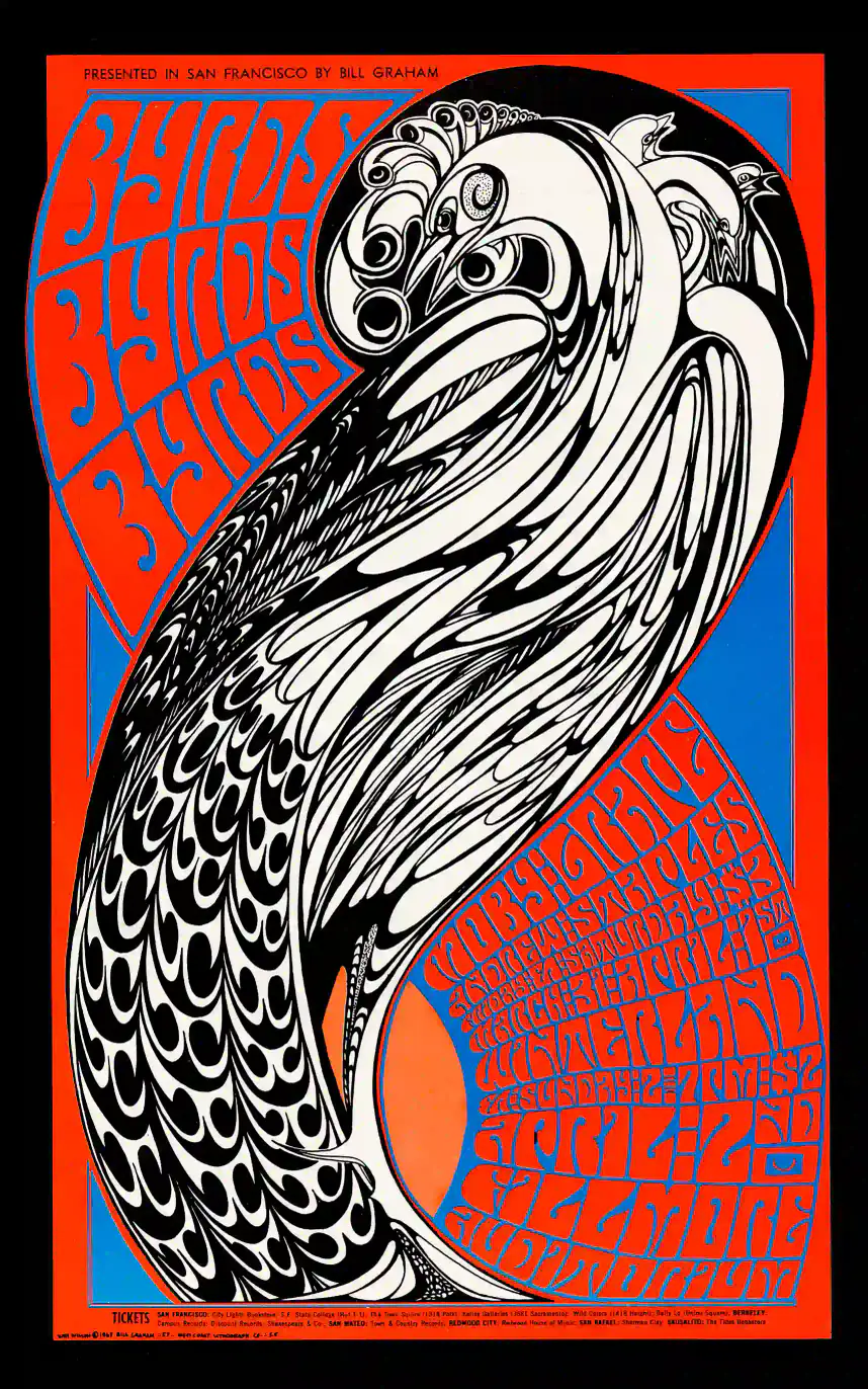 The Byrds, Moby Grape 1967 Fillmore & Winterland Concert Poster featuring black, gray, and slate gray vertical artwork.