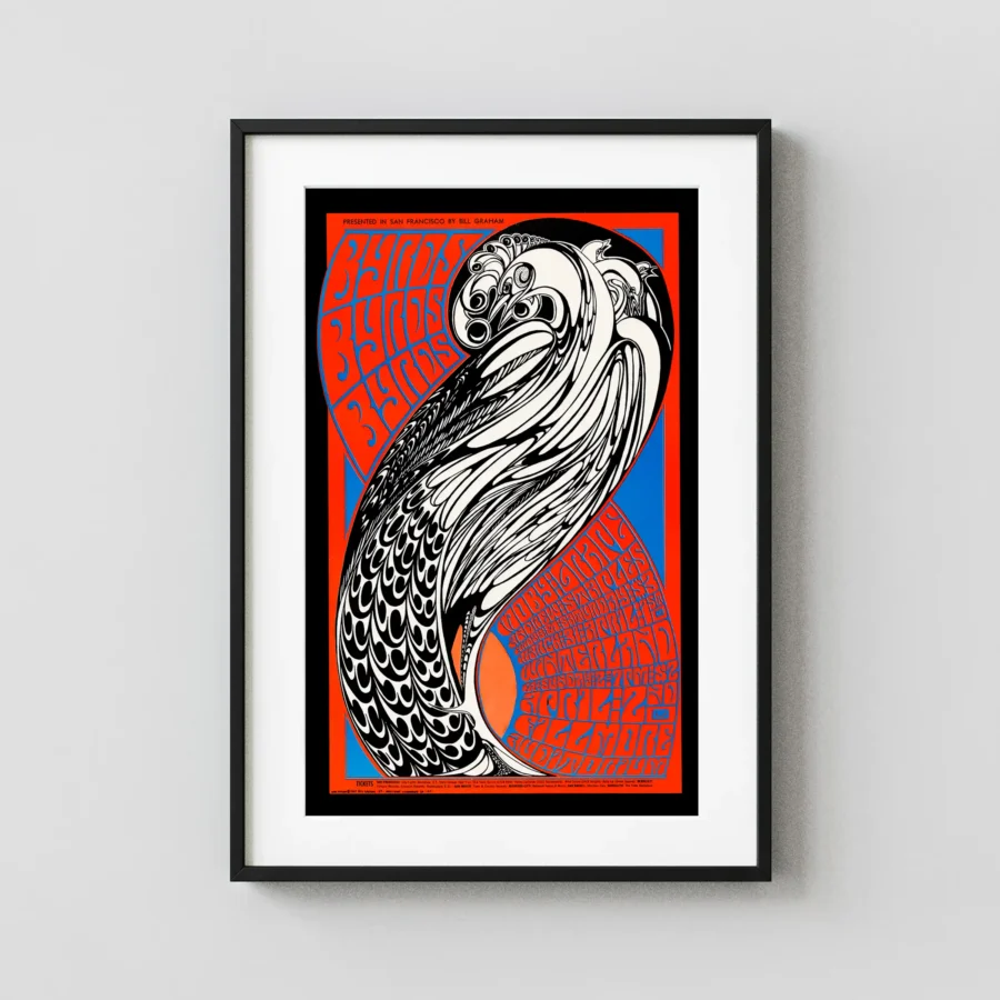The Byrds, Moby Grape 1967 Fillmore & Winterland Concert Poster featuring black, gray, and slate gray vertical artwork.
