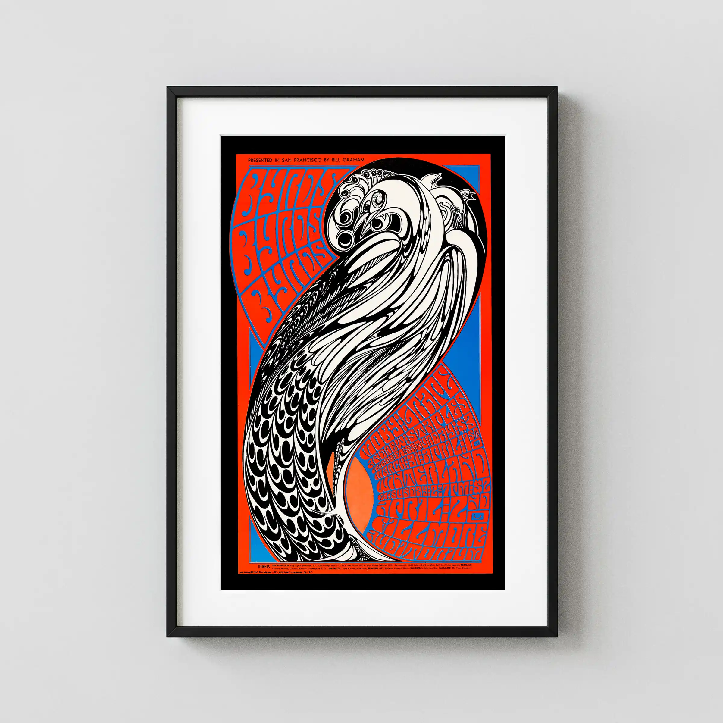 The Byrds, Moby Grape 1967 Fillmore & Winterland Concert Poster featuring black, gray, and slate gray vertical artwork.