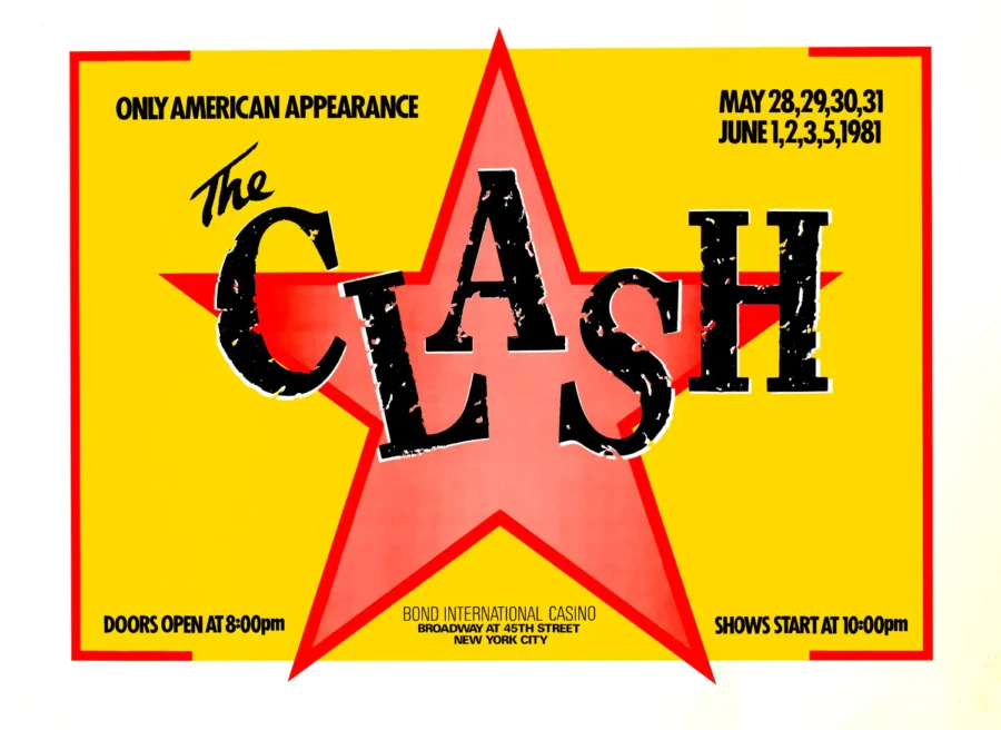 The Clash 1981 Large Bond Casino Concert Poster featuring white, yellow, and black vertical artwork.