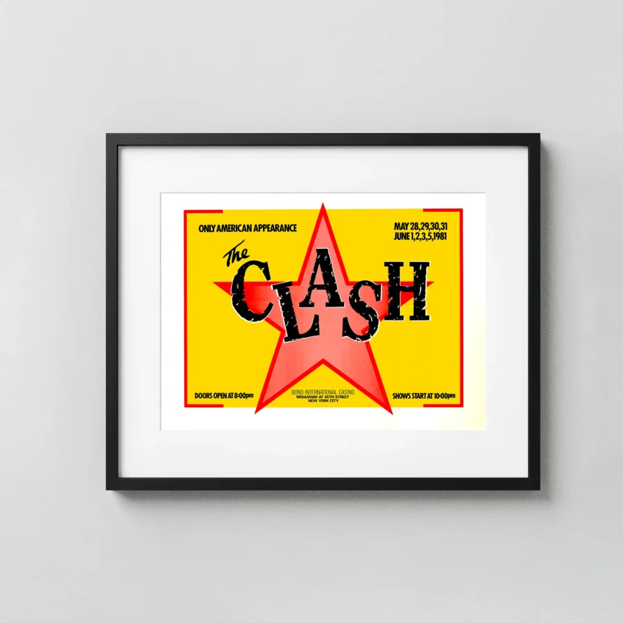 The Clash 1981 Large Bond Casino Concert Poster featuring white, yellow, and black vertical artwork.