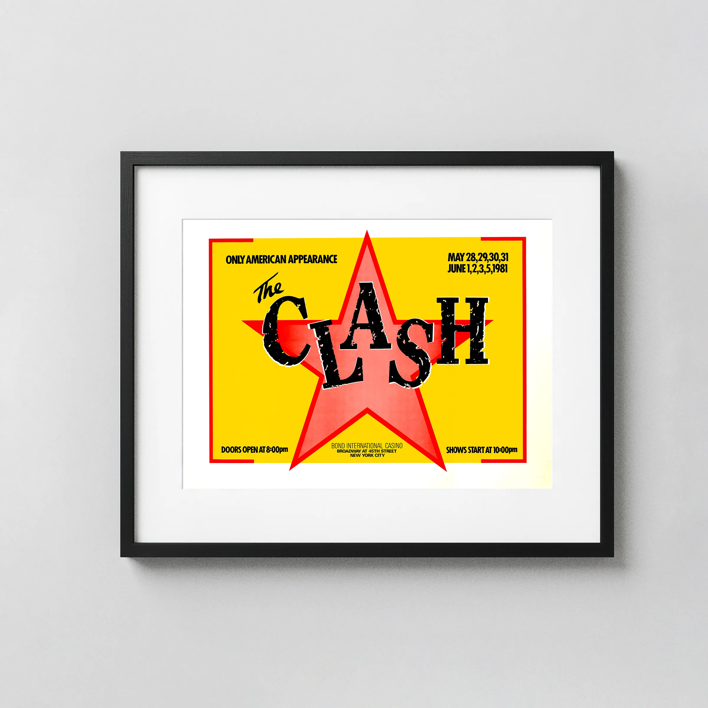 The Clash 1981 Large Bond Casino Concert Poster featuring white, yellow, and black vertical artwork.