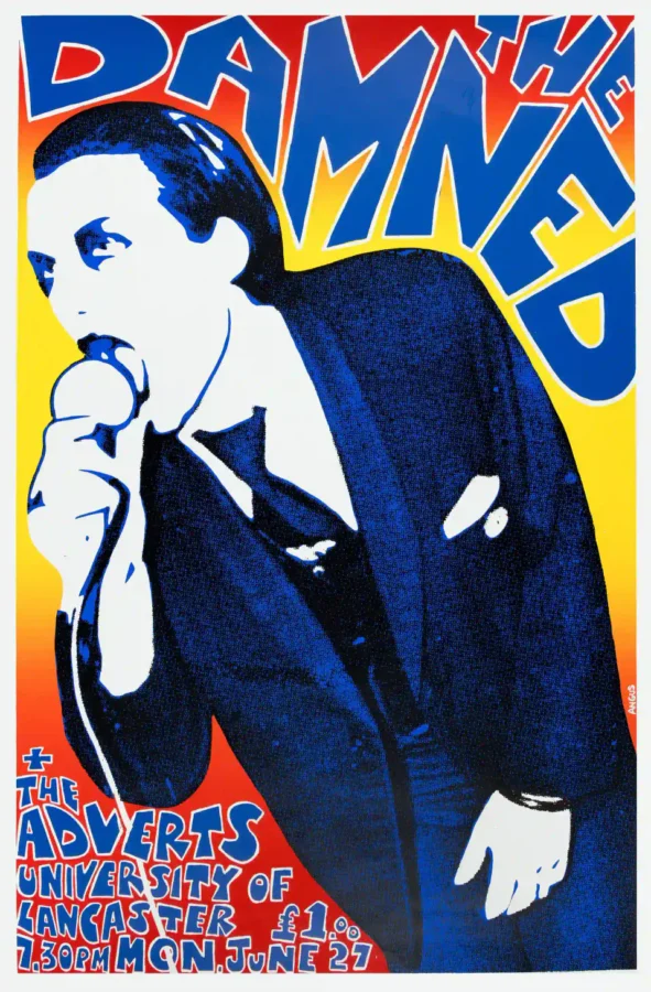 The Damned, the Adverts poster with white, charcoal, and blue artwork and period lettering.