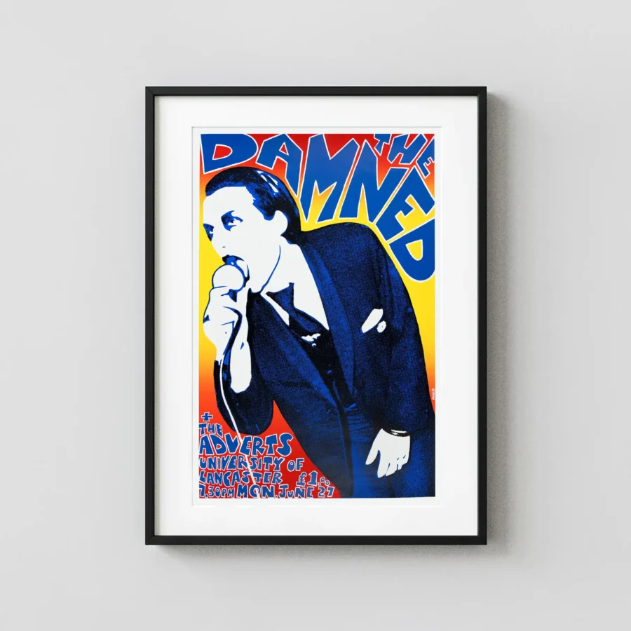 The Damned, the Adverts poster with white, charcoal, and blue artwork and period lettering.