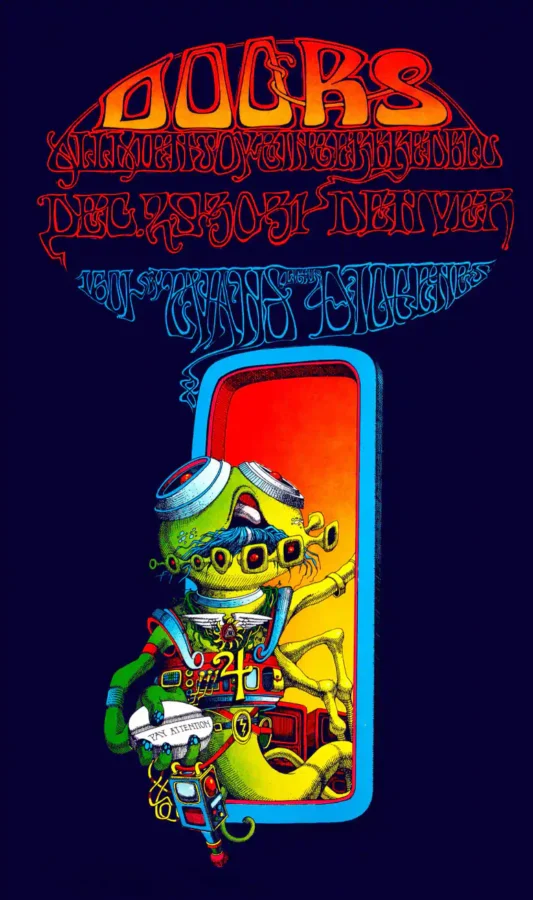 The Doors 1967 Denver "Pay Attention" Rick Griffin Concert Poster featuring navy, magenta, and gray vertical artwork.