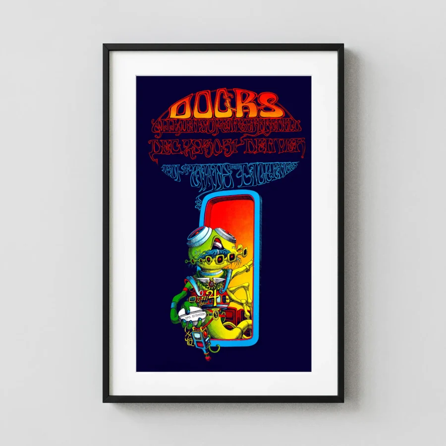 The Doors 1967 Denver "Pay Attention" Rick Griffin Concert Poster featuring navy, magenta, and gray vertical artwork.
