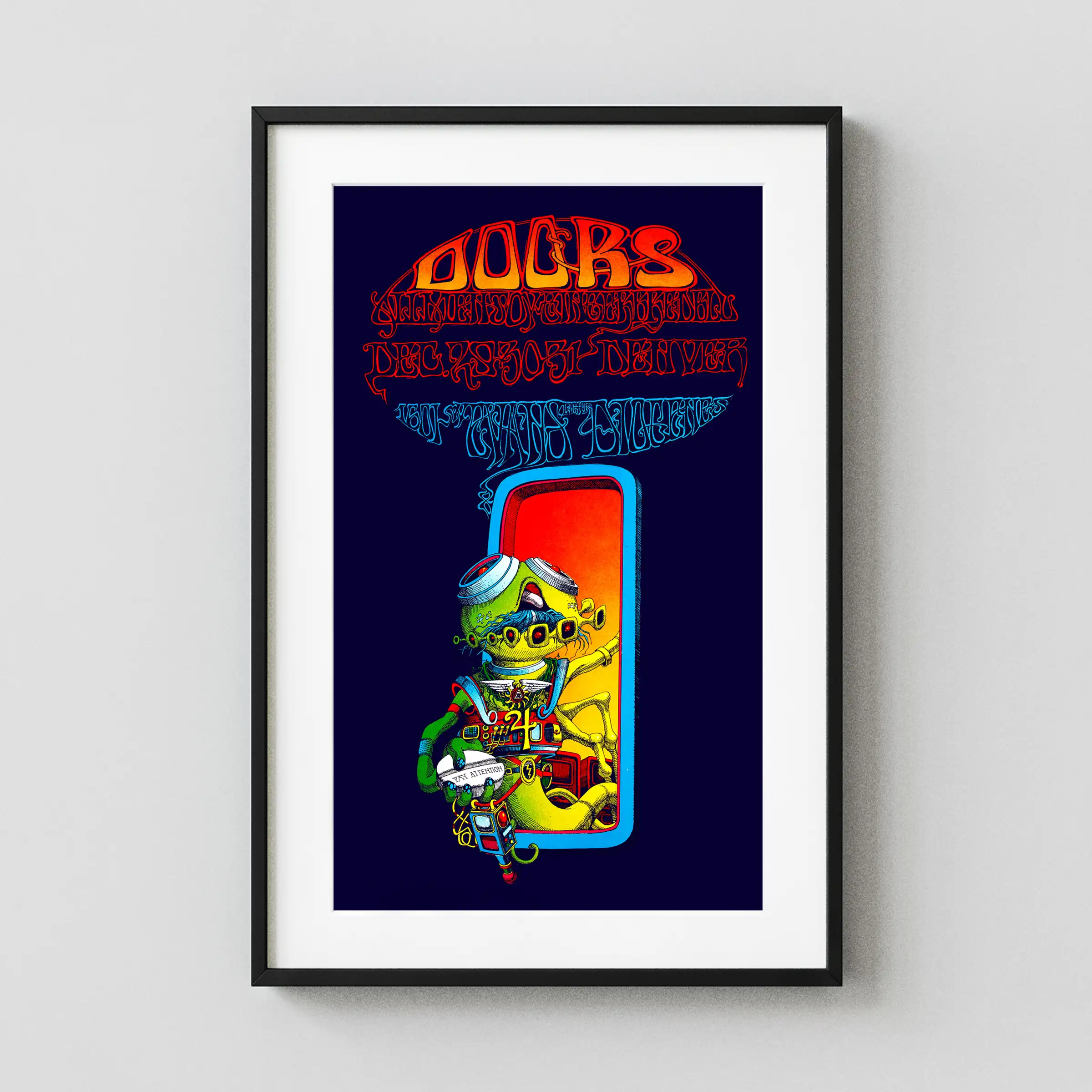 The Doors 1967 Denver "Pay Attention" Rick Griffin Concert Poster featuring navy, magenta, and gray vertical artwork.