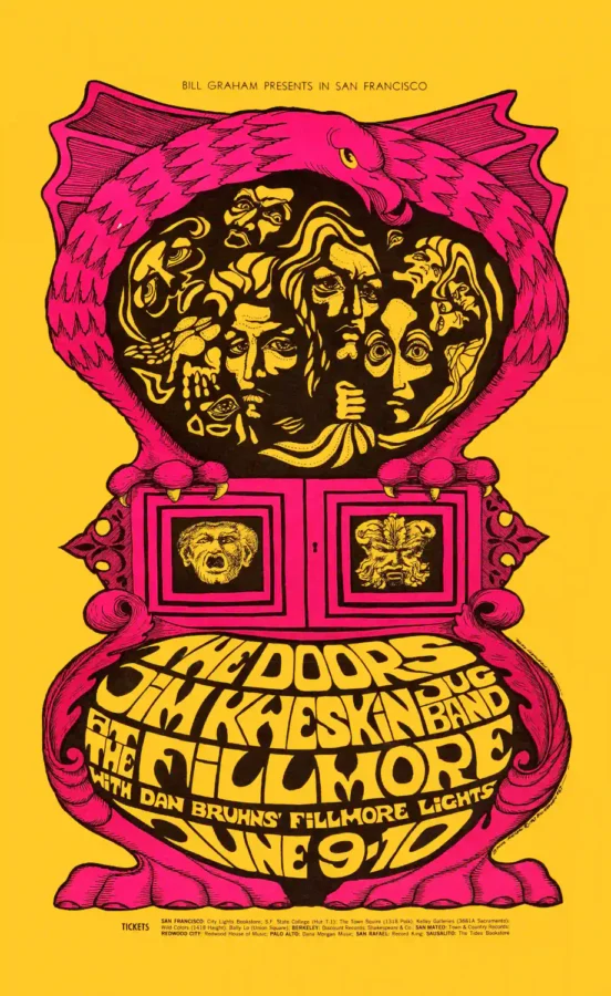The Doors 1967 Fillmore Auditorium Concert Poster featuring yellow, red, and magenta vertical artwork.
