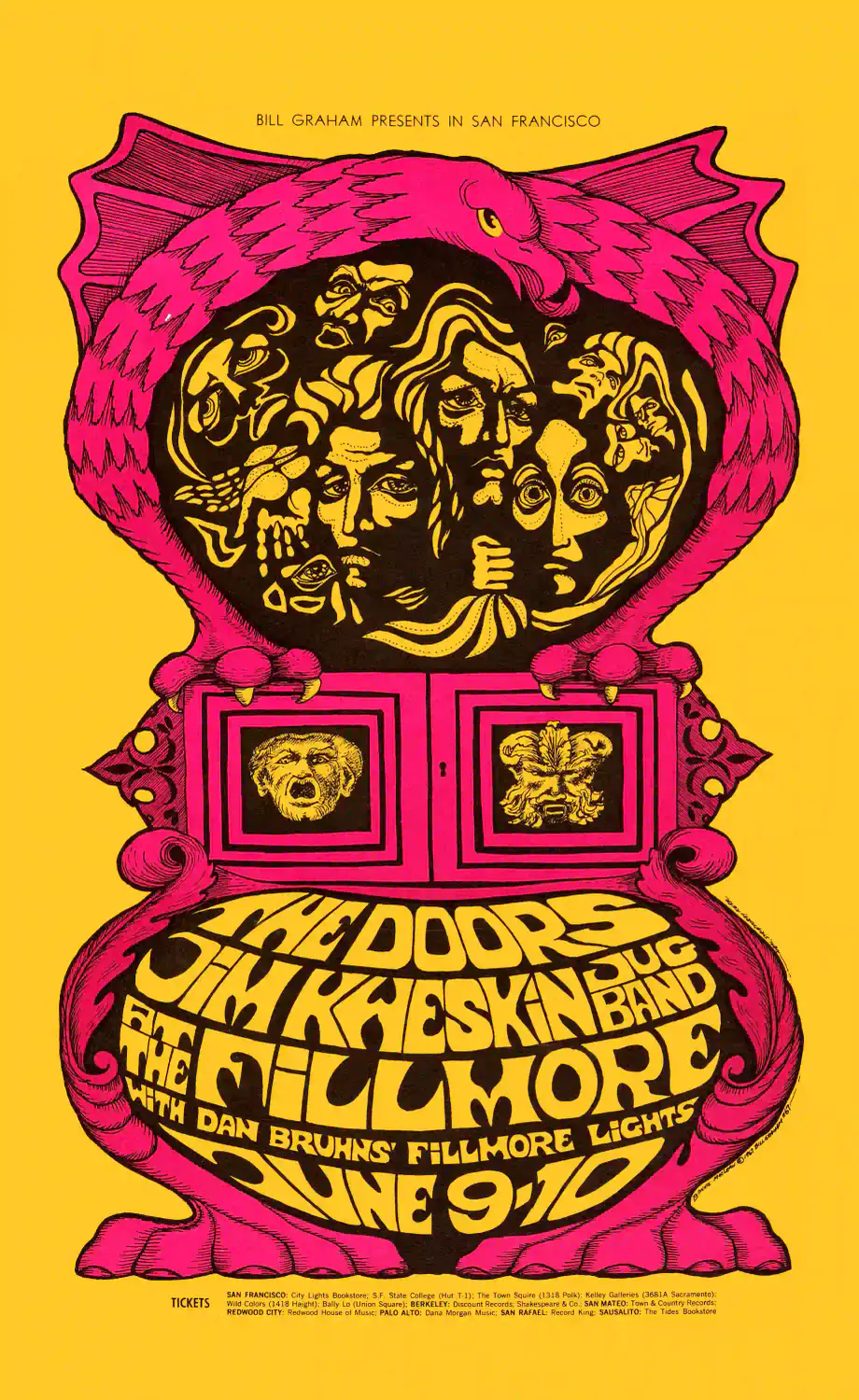 The Doors 1967 Fillmore Auditorium Concert Poster featuring yellow, red, and magenta vertical artwork.