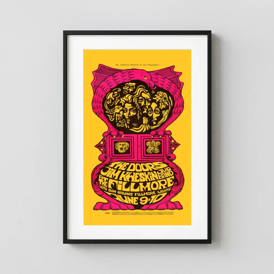 The Doors 1967 Fillmore Auditorium Concert Poster featuring yellow, red, and magenta vertical artwork.