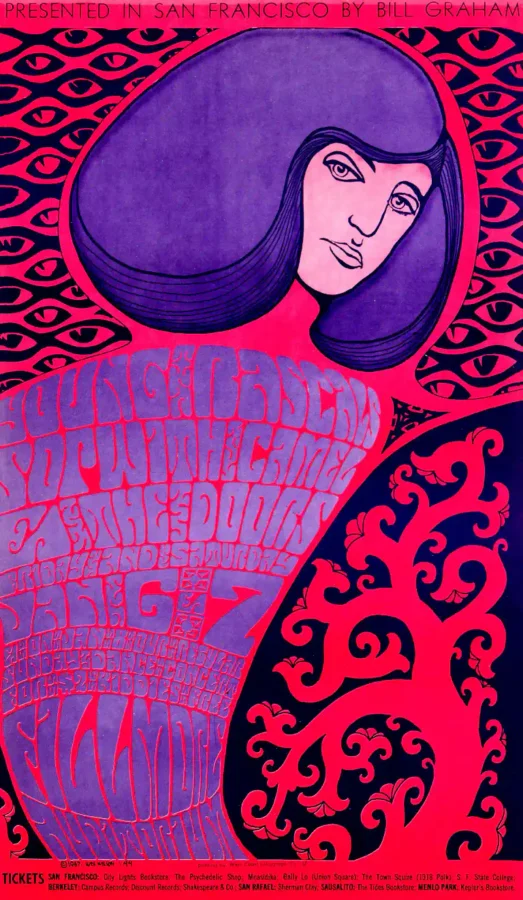 The Doors 1967 Fillmore Auditorium Debut Concert Poster featuring magenta and purple vertical artwork.