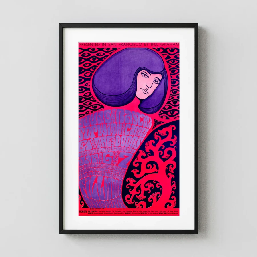 The Doors 1967 Fillmore Auditorium Debut Concert Poster featuring magenta and purple vertical artwork.