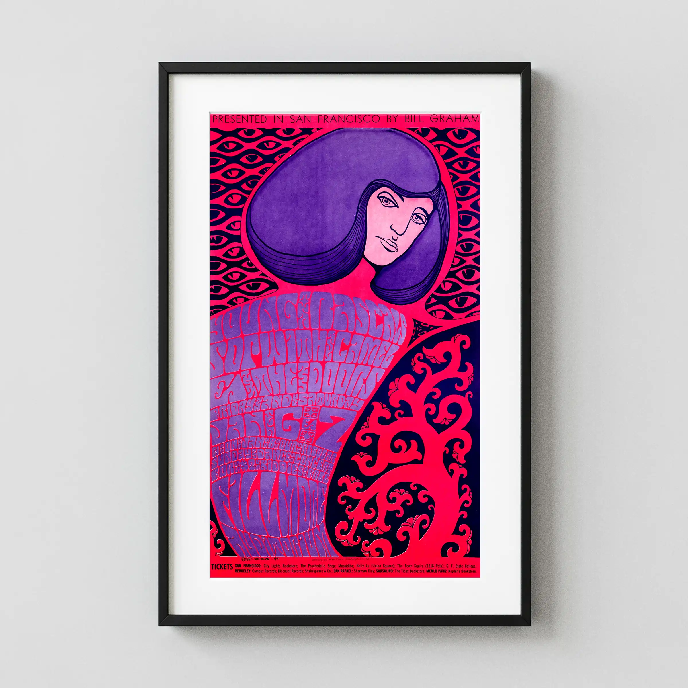 The Doors 1967 Fillmore Auditorium Debut Concert Poster featuring magenta and purple vertical artwork.