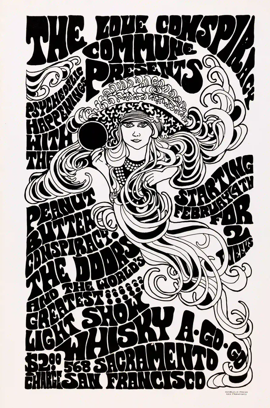 The Doors 1967 San Francisco Whisky-A-Go-Go Concert Poster featuring white, charcoal, and light gray vertical artwork.
