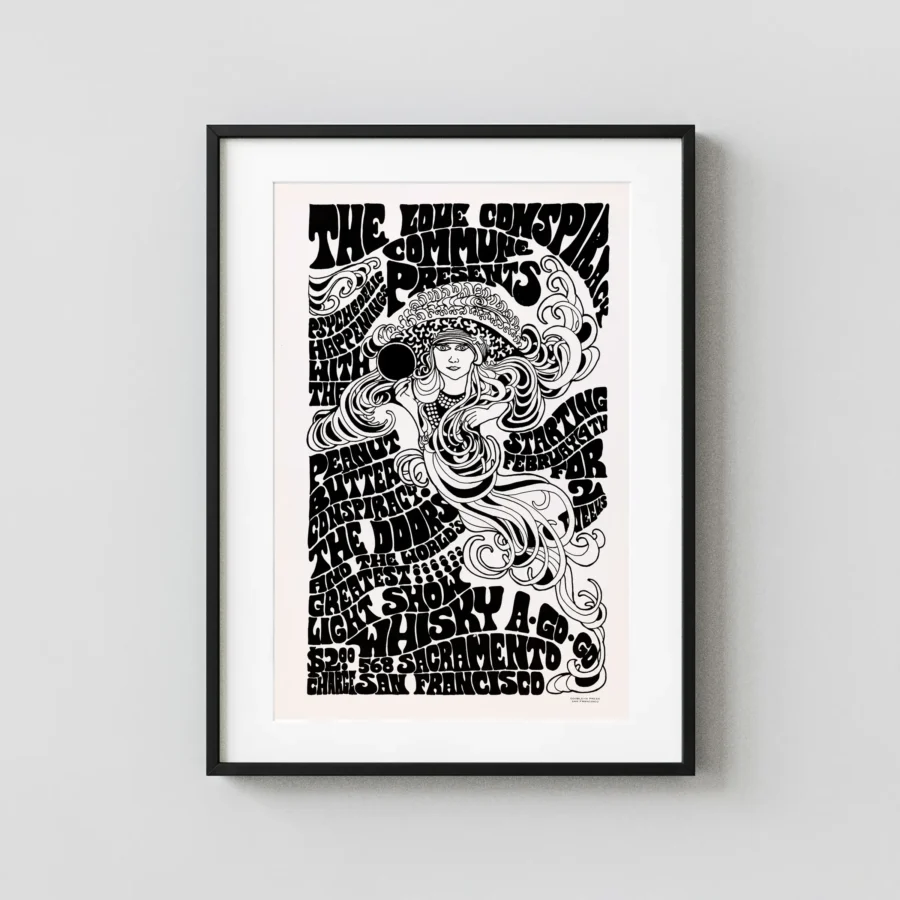 The Doors 1967 San Francisco Whisky-A-Go-Go Concert Poster featuring white, charcoal, and light gray vertical artwork.