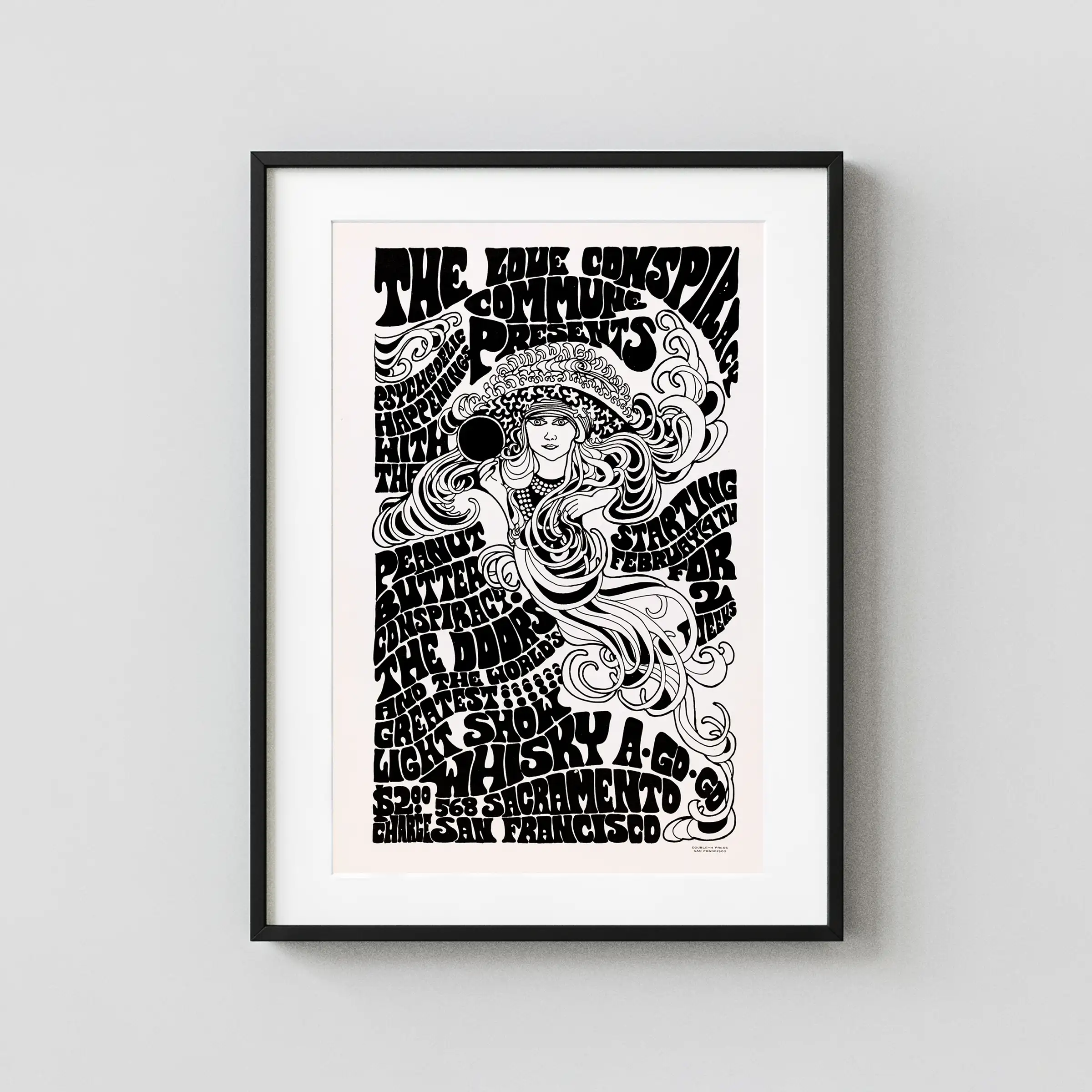 The Doors 1967 San Francisco Whisky-A-Go-Go Concert Poster featuring white, charcoal, and light gray vertical artwork.