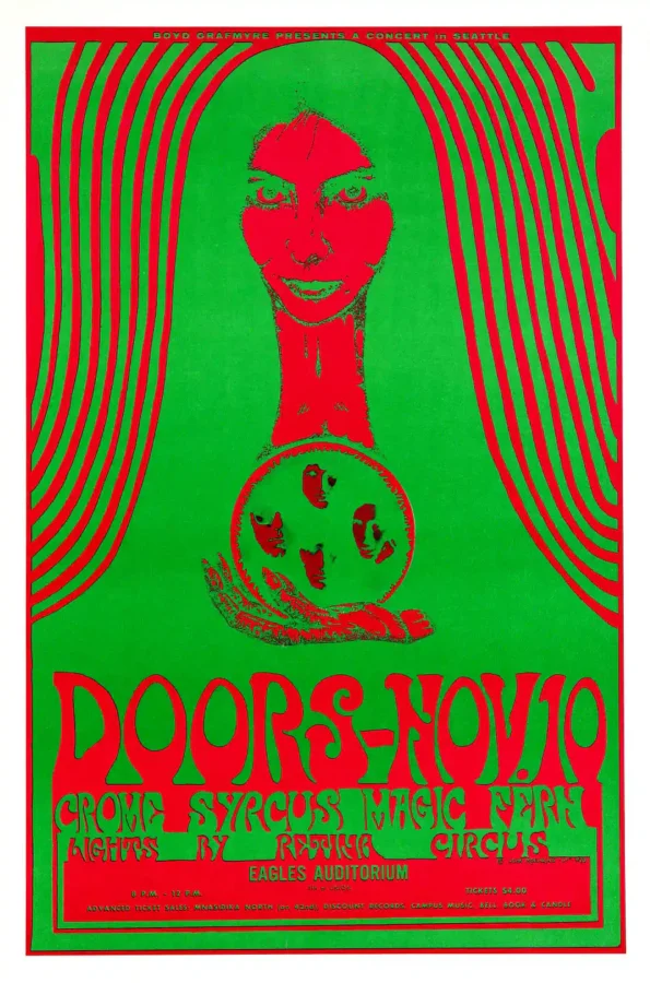 The Doors 1967 Seattle, WA Concert Poster featuring white, green, and yellow vertical artwork.