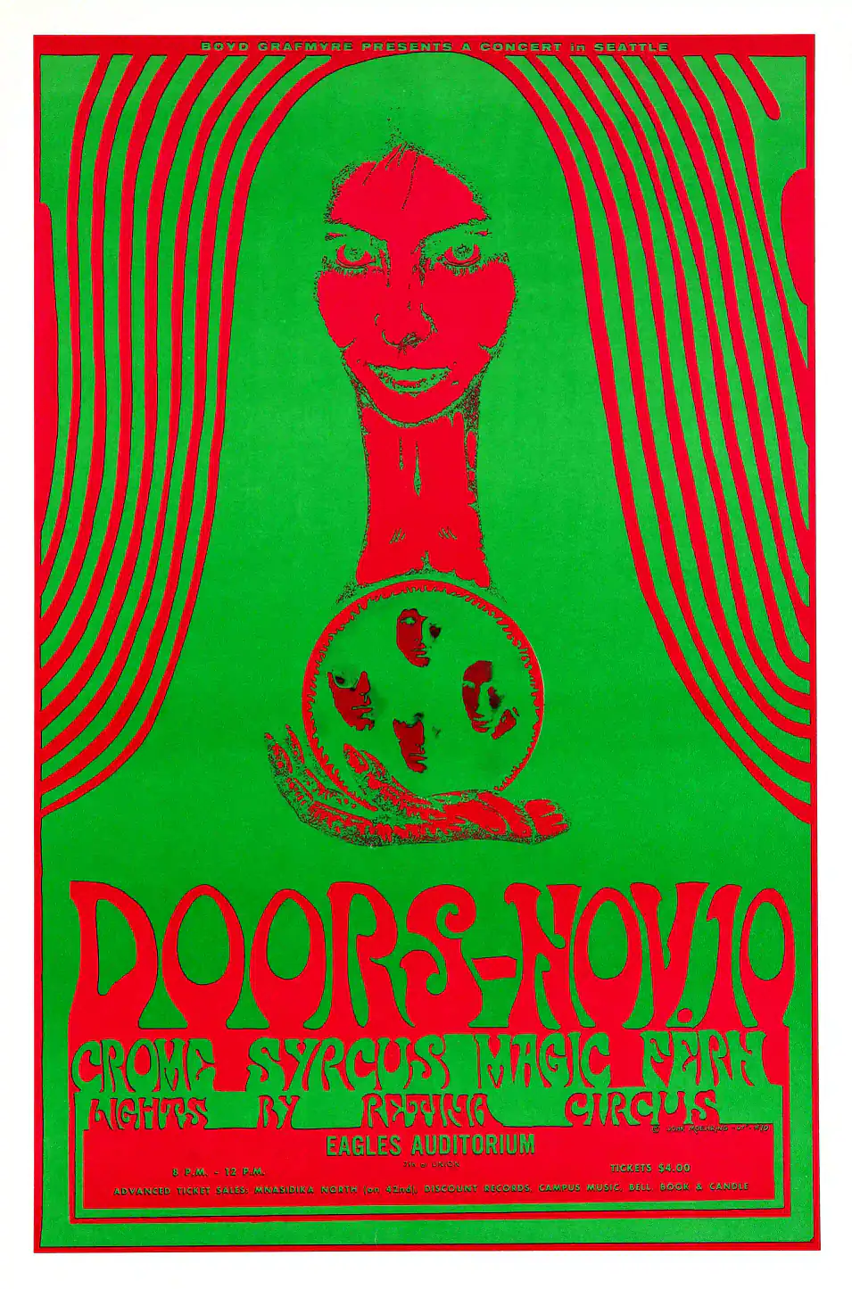 The Doors 1967 Seattle, WA Concert Poster featuring white, green, and yellow vertical artwork.