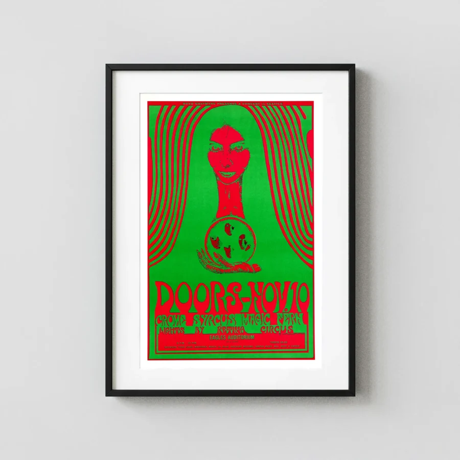 The Doors 1967 Seattle, WA Concert Poster featuring white, green, and yellow vertical artwork.
