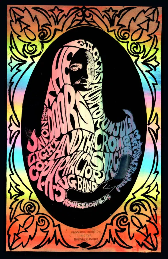 The Doors 1967 Seattle, WA Eagles Auditorium Concert Poster featuring black, brown, and white vertical artwork.