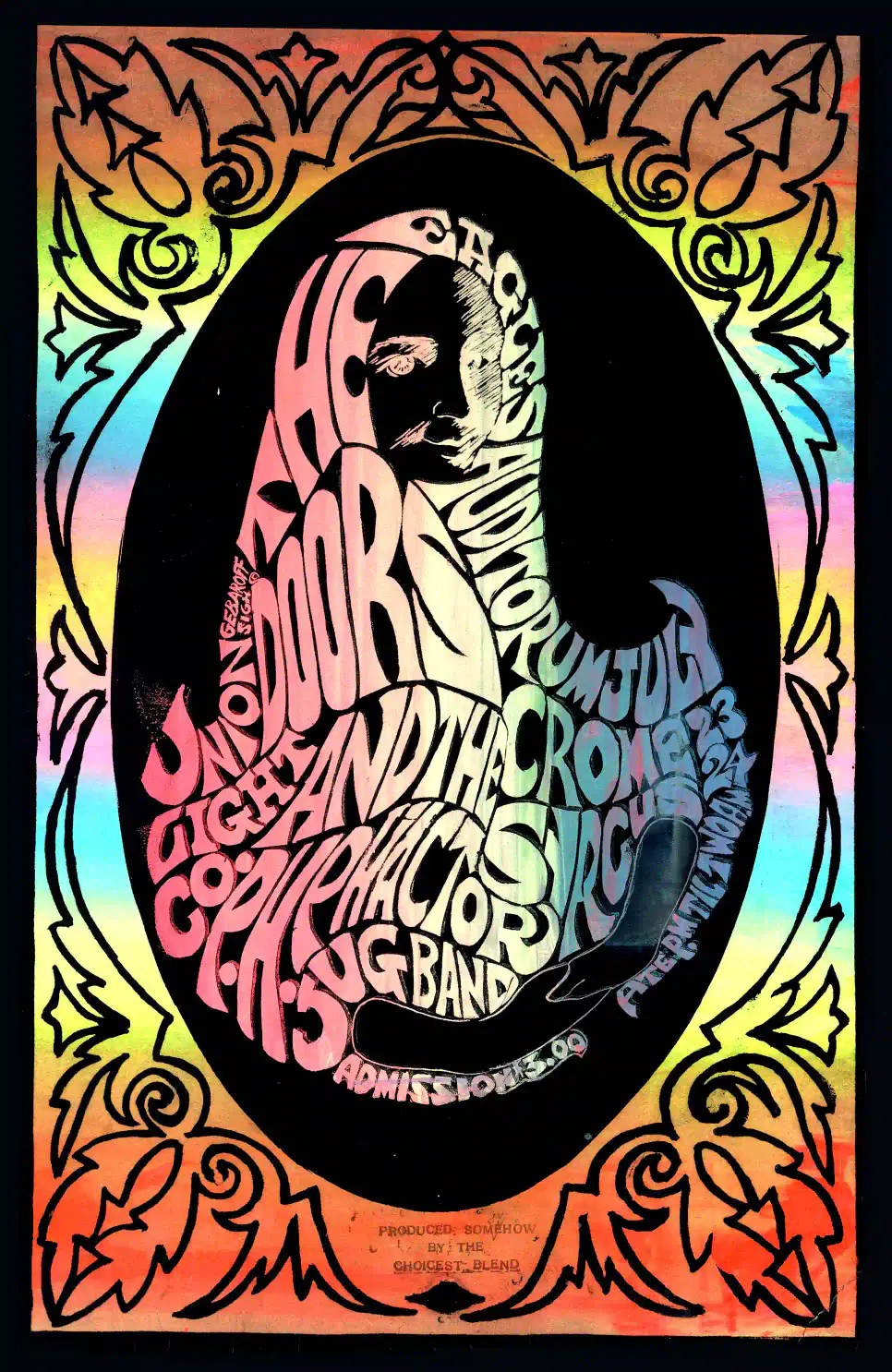 The Doors 1967 Seattle, WA Eagles Auditorium Concert Poster featuring black, brown, and white vertical artwork.