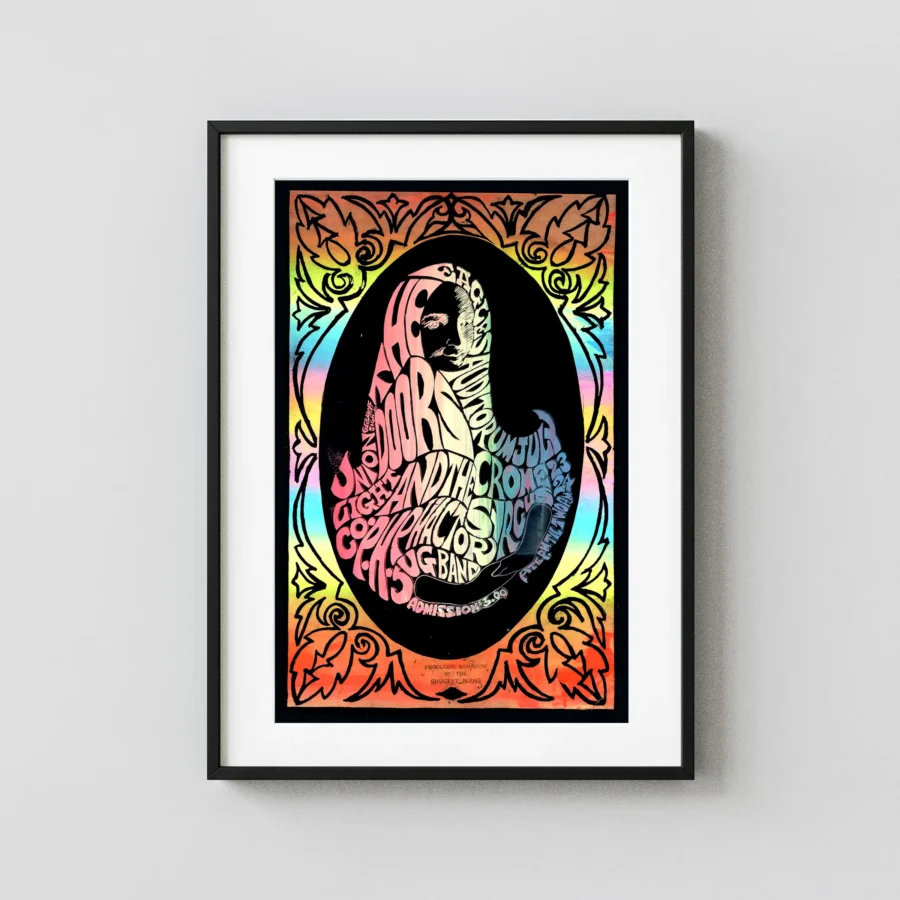 The Doors 1967 Seattle, WA Eagles Auditorium Concert Poster featuring black, brown, and white vertical artwork.